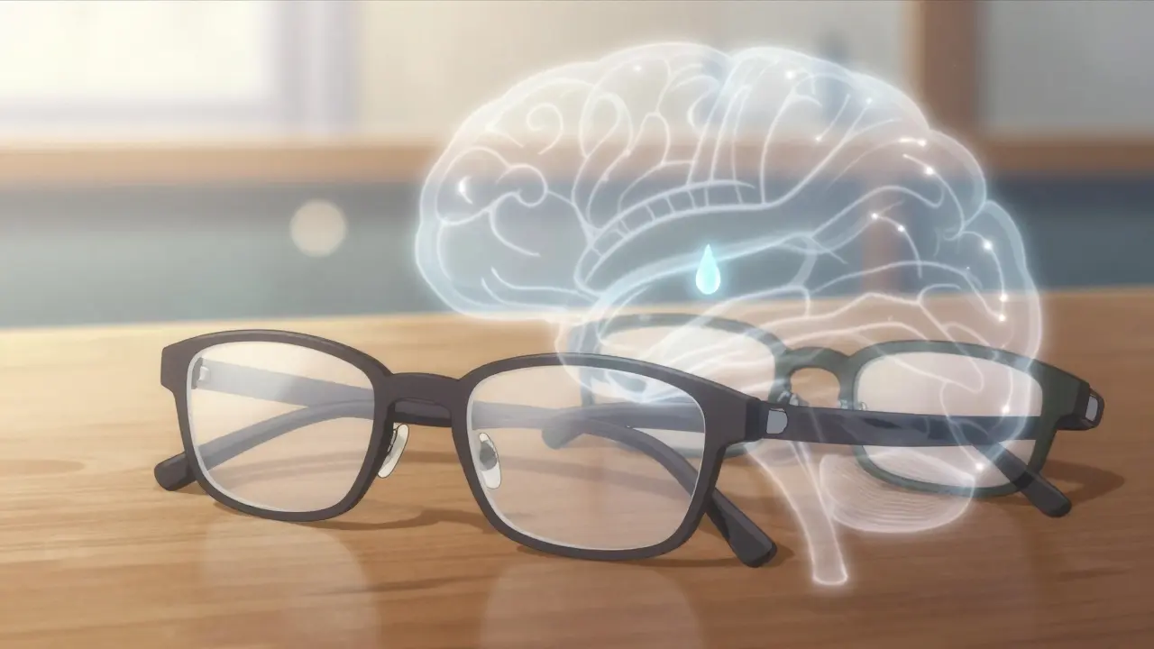 Progressive and reading glasses side by side with glowing light gradients representing vision zones.