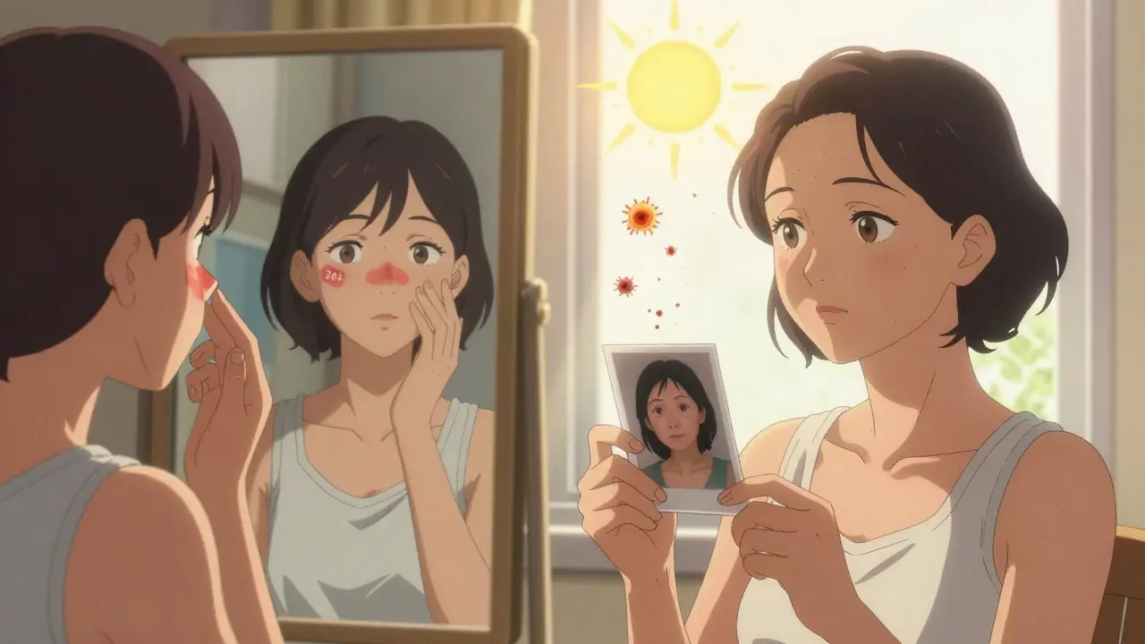 Split image: young woman applying sunscreen vs. her future self with clear skin, symbolizing prevention and healing.