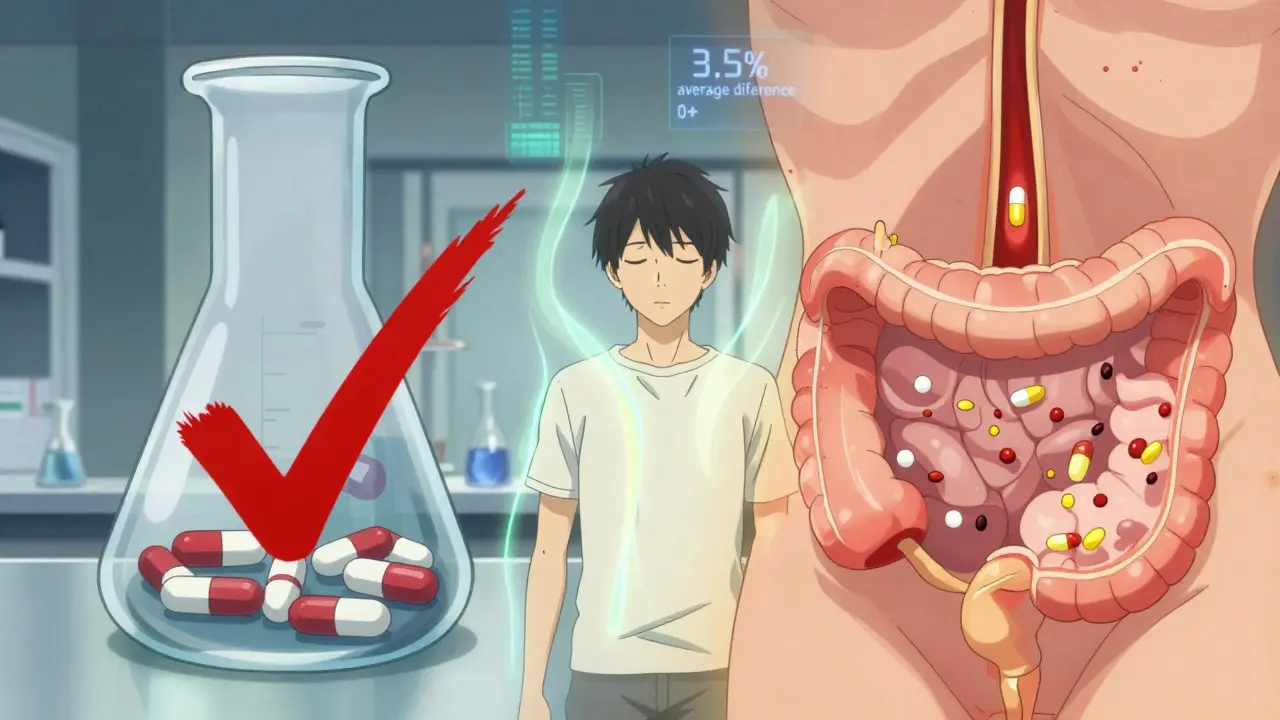Split scene: dissolving pill in lab vs. absorption in body, with a checkmark over bloodstream and patient at peace.