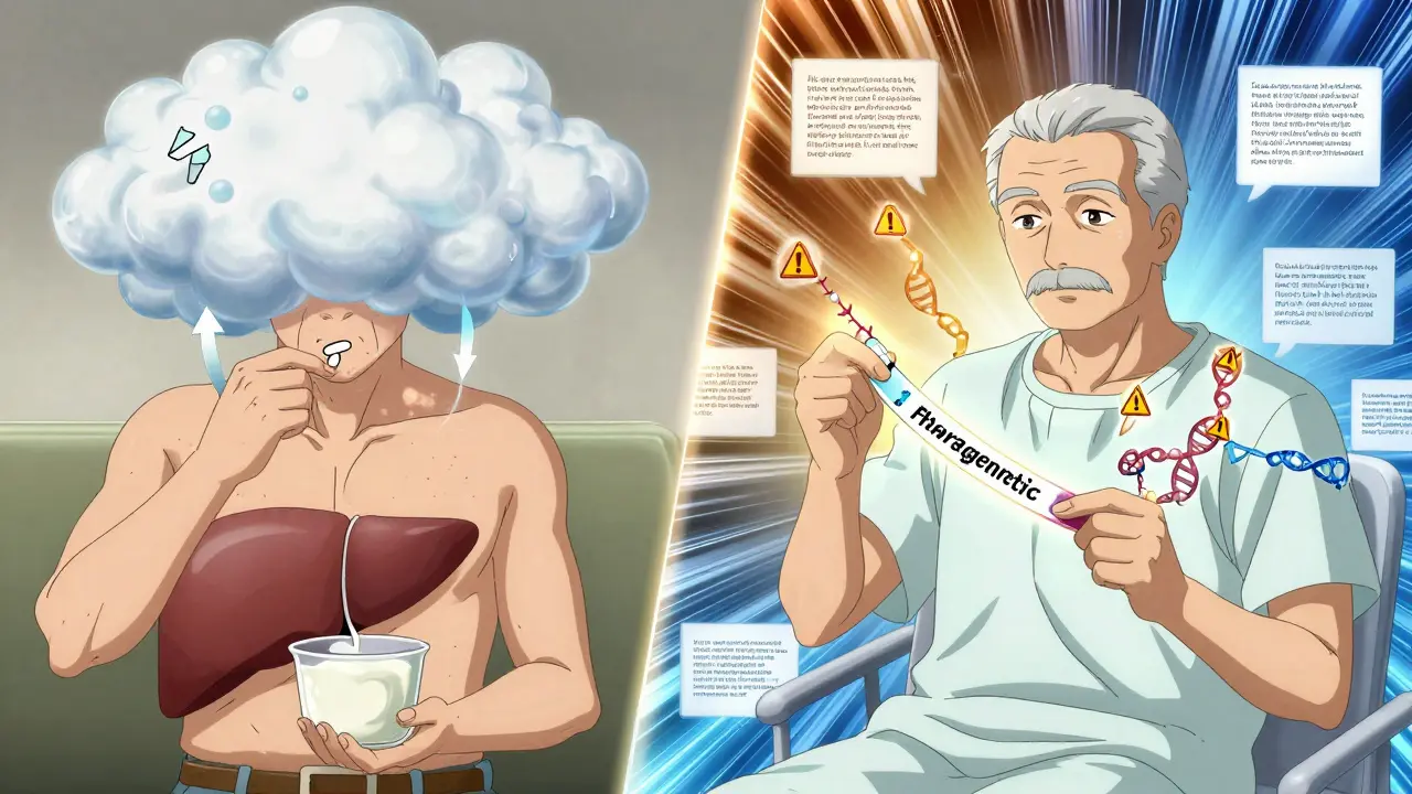 Split scene: man taking yogurt with pills vs. same man with genetic test, showing how diet and genes affect meds.