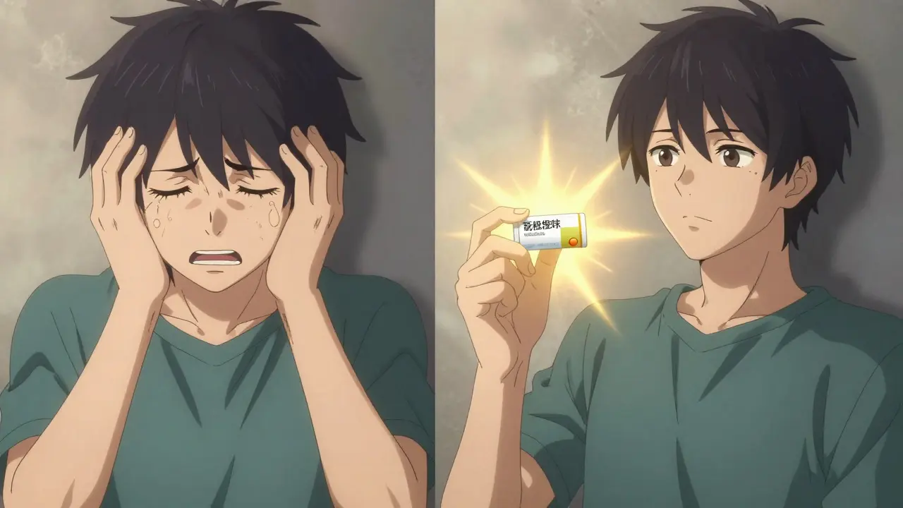 Split scene: patient anxious with generic pill vs. calm with authorized generic under golden light.