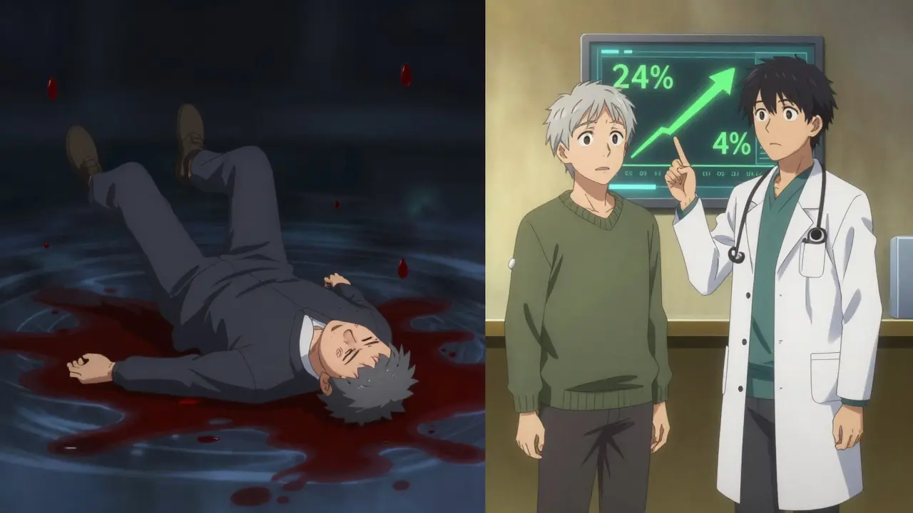 Split scene showing fall risk on one side and stroke risk reduction on the other, with glowing medical data visuals.