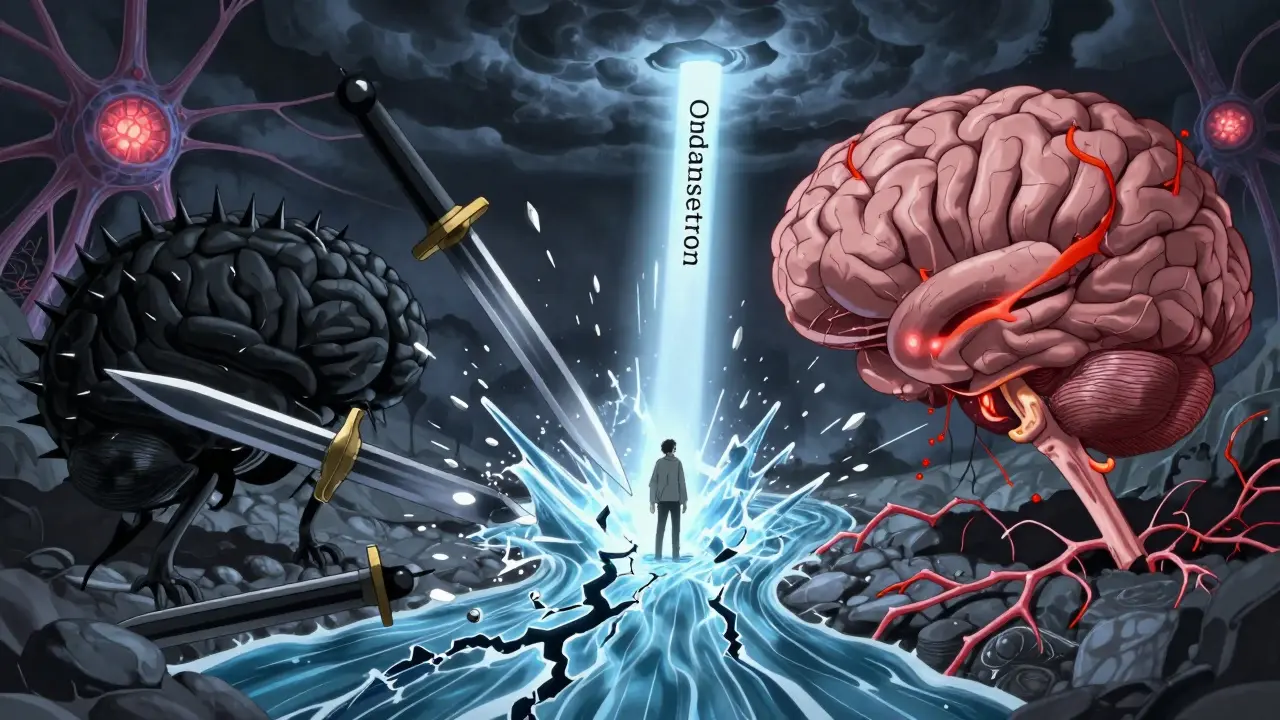 Surreal brain battlefield with dopamine river freezing under clashing drug forces, one safe alternative light breaking through.