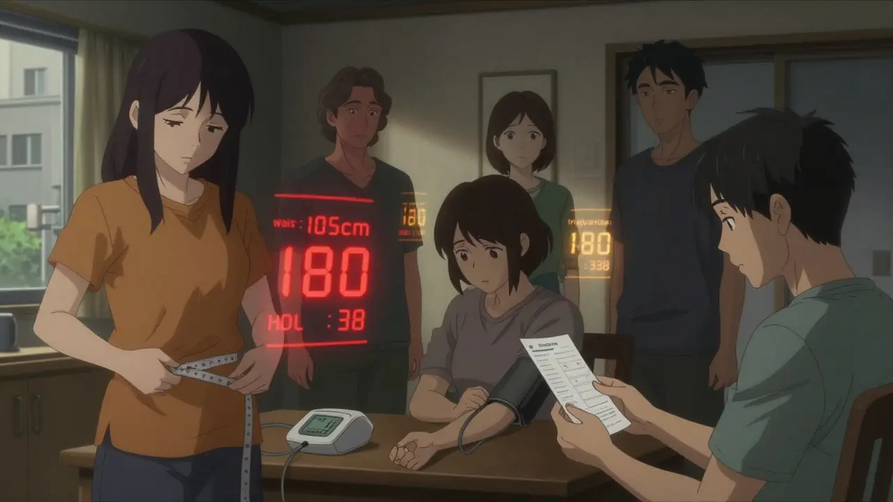 Three people in everyday settings with floating health data glyphs hovering around them.