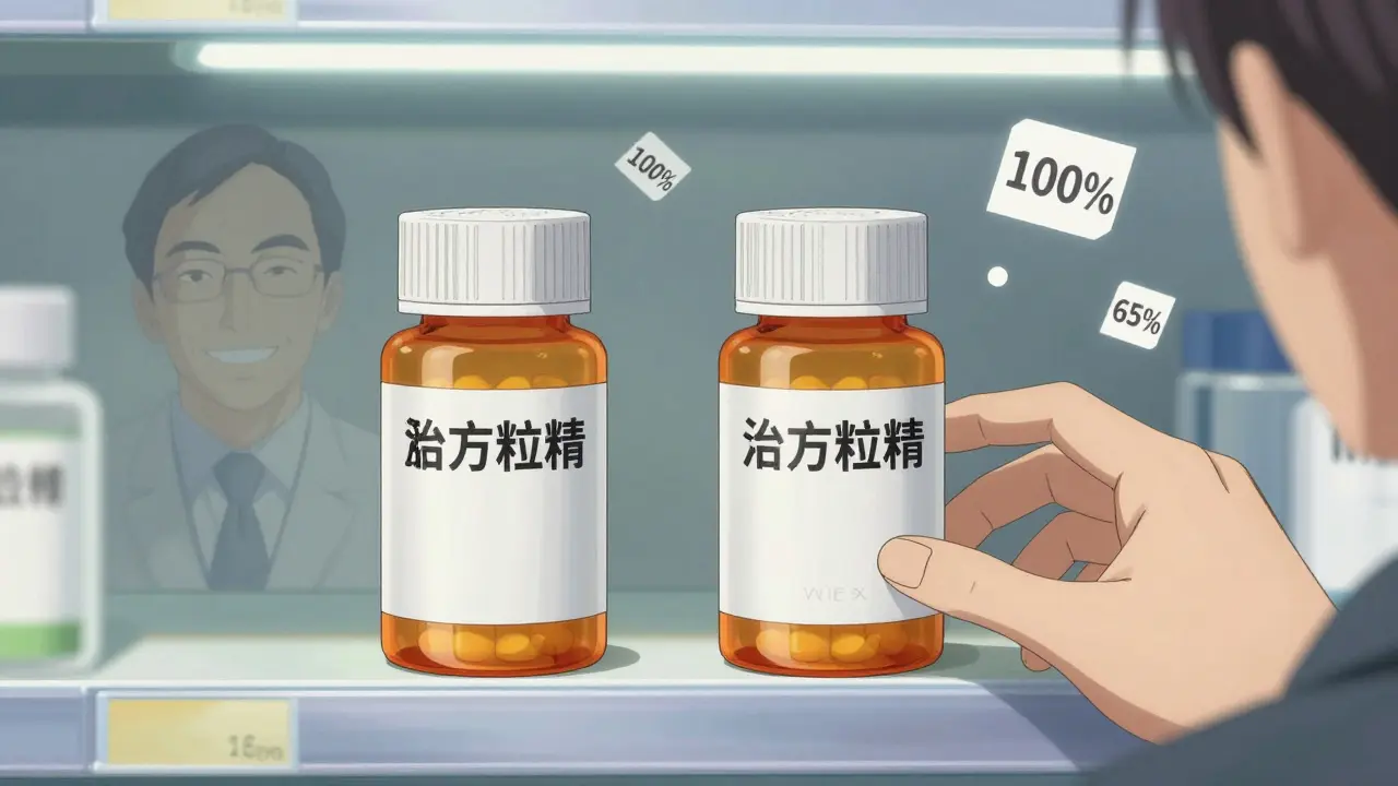 Two identical pill bottles on a shelf — one generic, one branded — with a ghostly CEO watching.