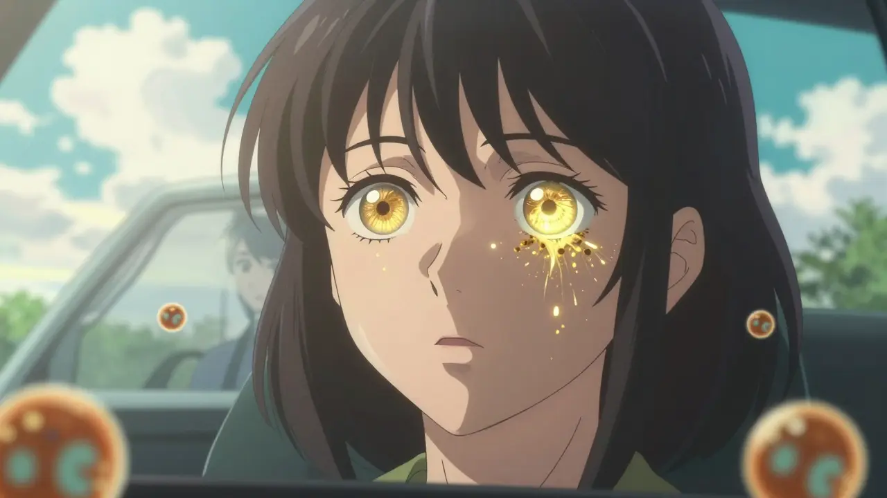 Woman's eyes returning to normal as biologic treatment dissolves swollen tissues with golden light.