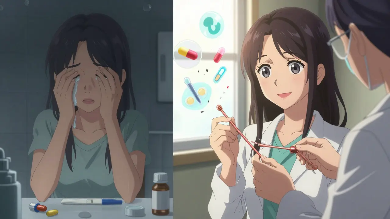 Woman crying with pregnancy test, then smiling as IUD is inserted, shattered contraceptive icons in background.