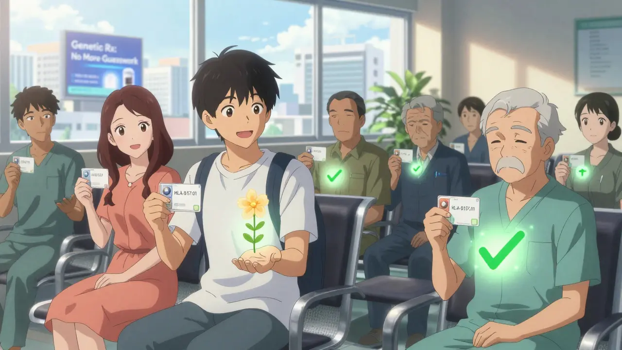 A diverse group of patients holding personalized genetic cards that emit gentle light pulses.