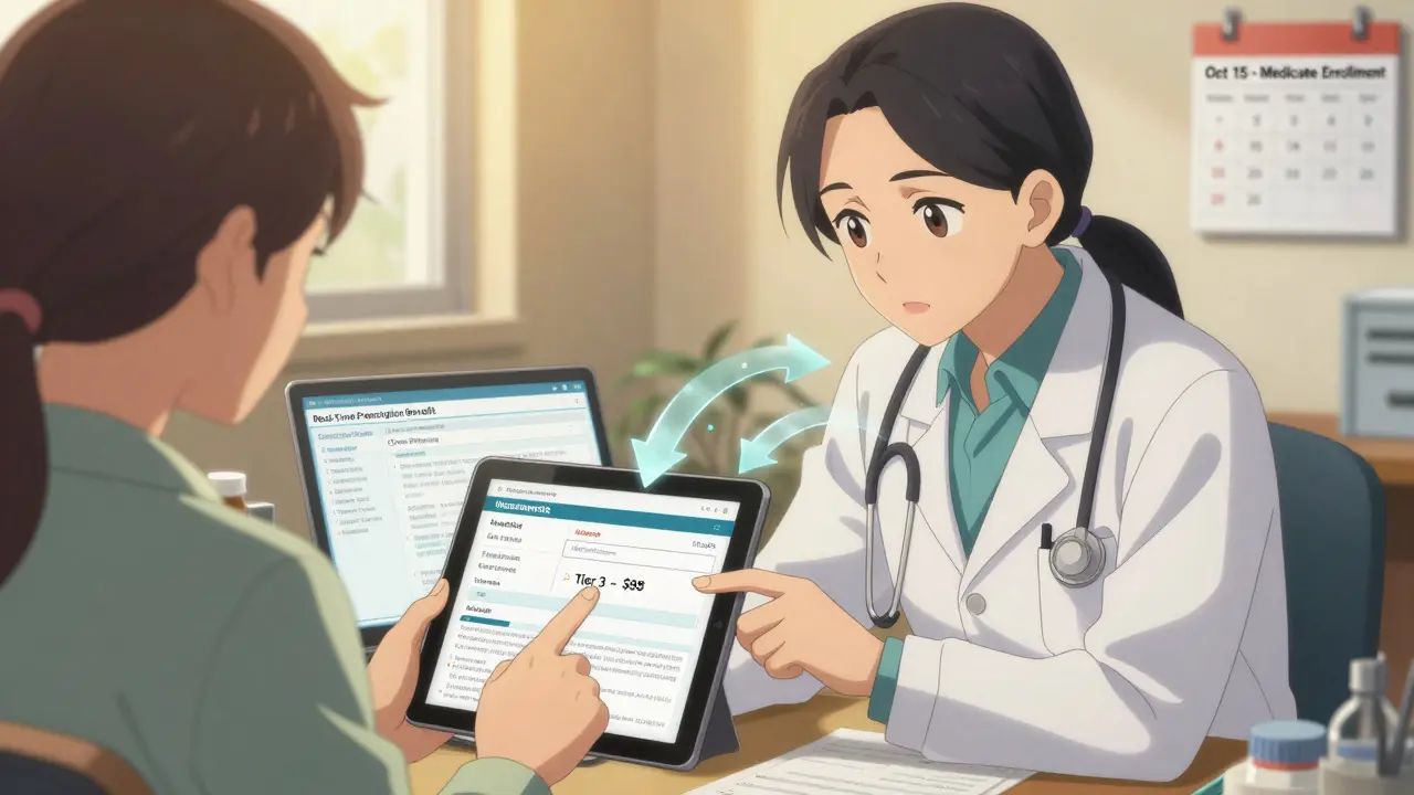 A doctor and patient reviewing insurance formulary data on tablets during a medical consultation.