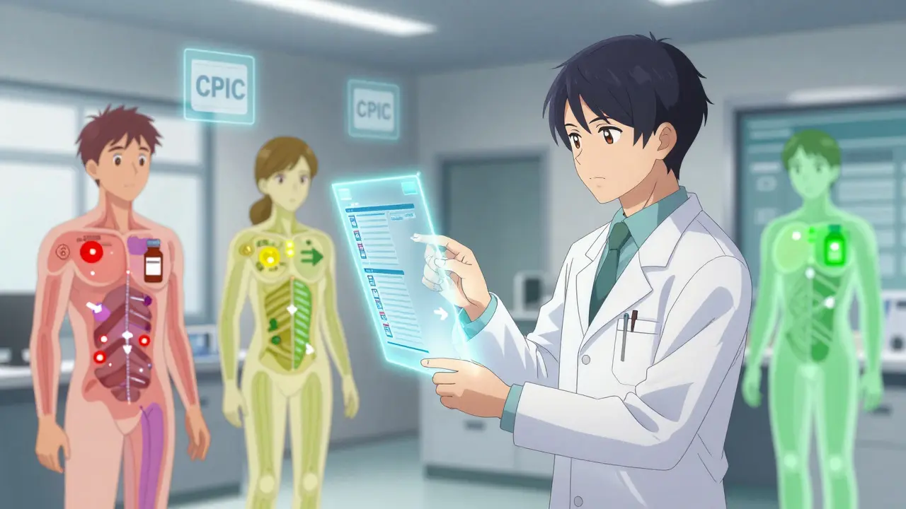 A pharmacist viewing a holographic genetic report with three patient avatars showing metabolic profiles.
