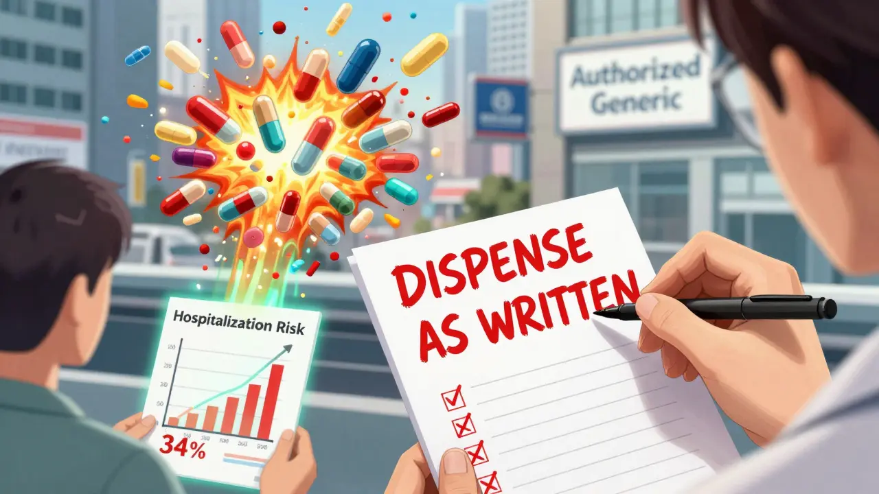 A psychiatrist writing 'DISPENSE AS WRITTEN' on a prescription, surrounded by chaotic generic pills and a rising hospitalization risk chart.