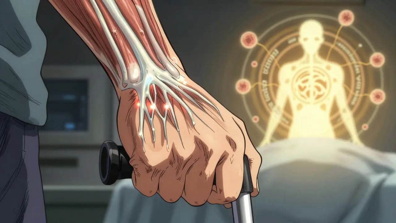 A trembling hand with translucent nerves revitalizing, B-cells erased by glowing Rituximab sigil, thymectomy in background.