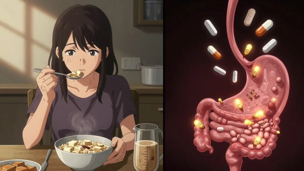 A vegan woman's meal contrasts with her body's failed B12 absorption, showing metformin and PPI interference in anime style.