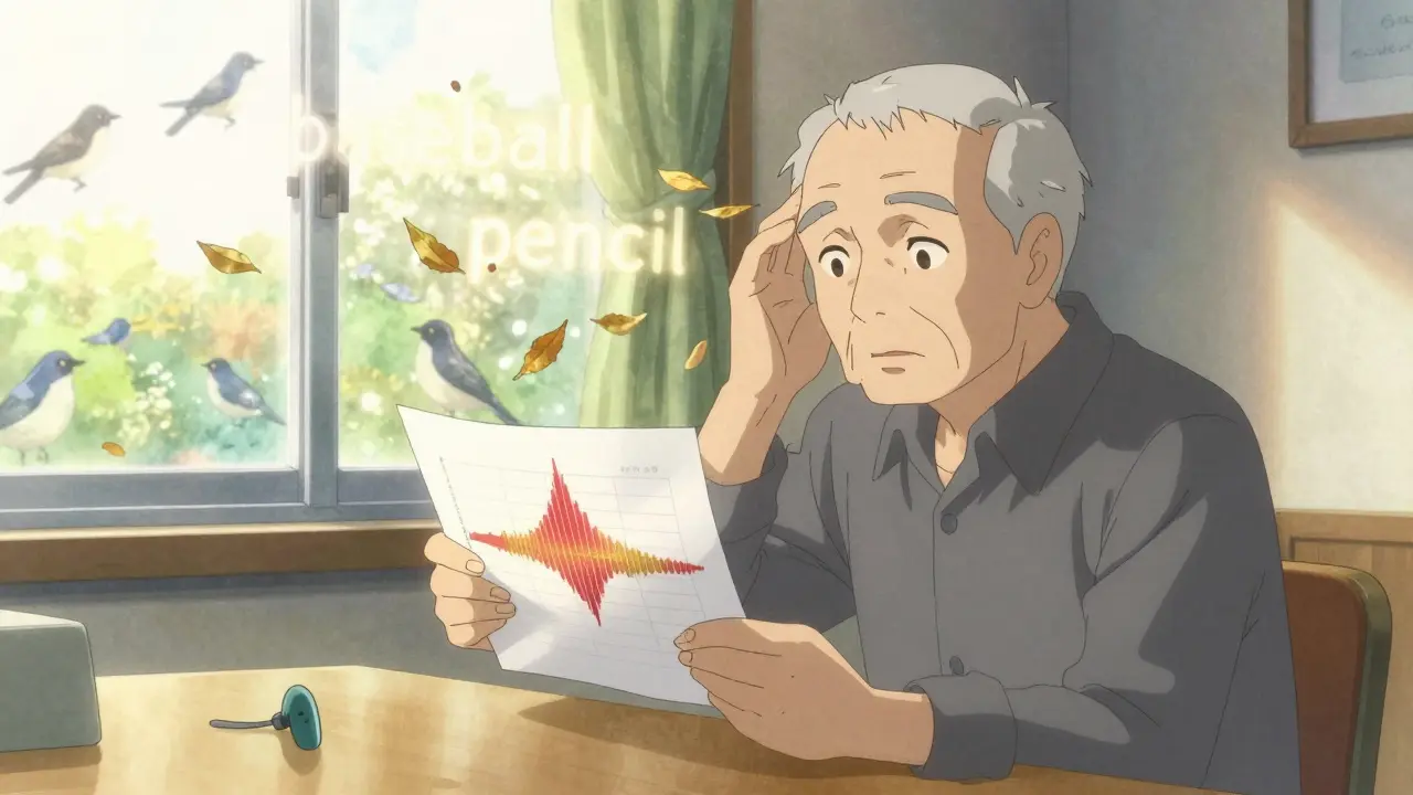 An elderly man looks at his audiogram as speech words fade away, symbolizing difficulty understanding conversation.