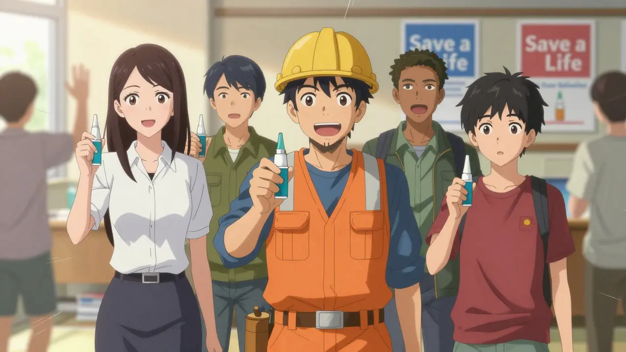 Diverse group of people holding naloxone kits in a community center, hopeful expressions, 'Save a Life' posters visible.