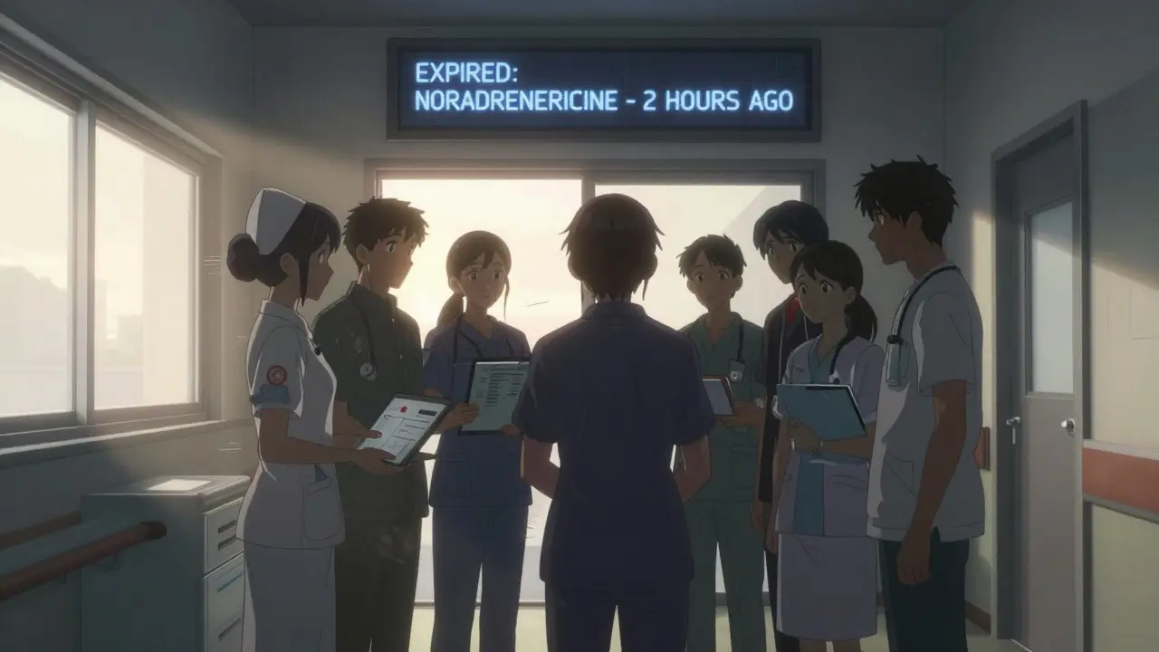 Medical team huddling at dawn with checklists, a flashing expiration alert behind them, symbolizing urgent teamwork.
