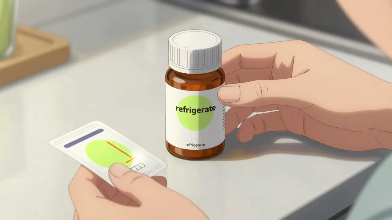 Person checking main label, sticker, and insert for medication instructions