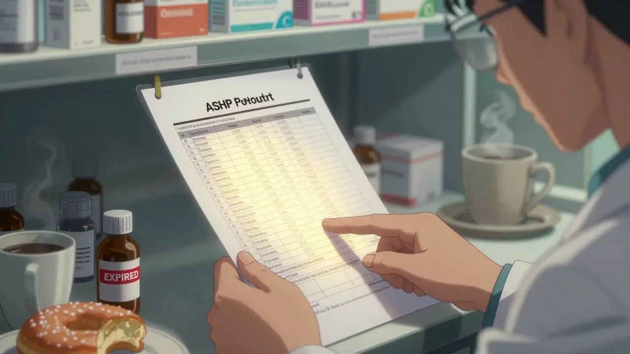 Pharmacist's hands pointing to a printed ASHP protocol sheet with expired drug labels and dose conversion tables.