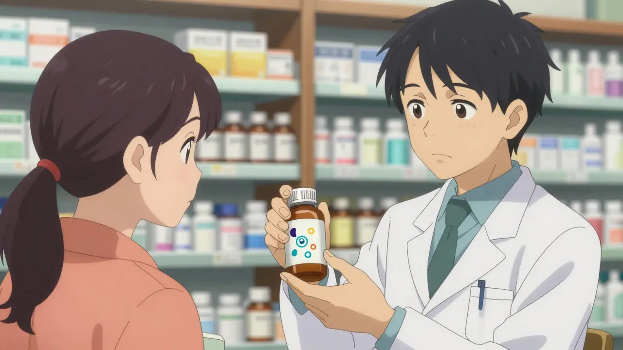 Pharmacist demonstrates medicine bottle details to a parent in pharmacy.
