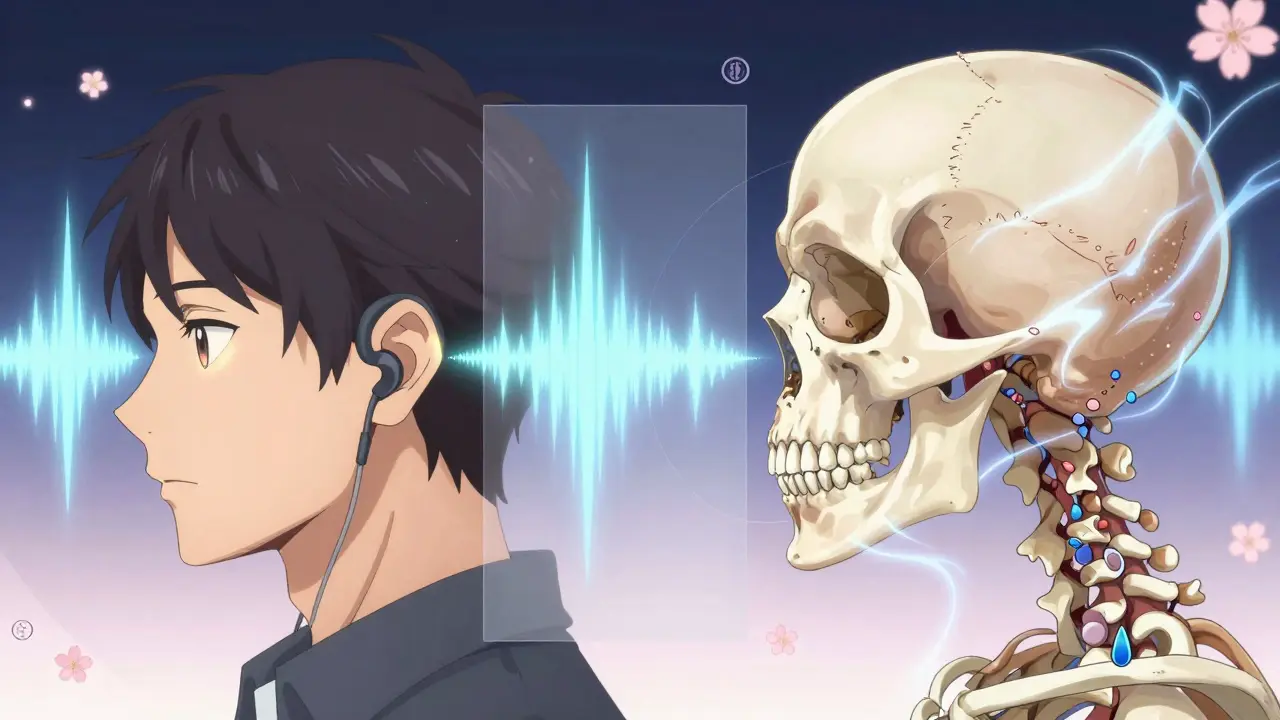 Side-by-side visualization of air and bone conduction pathways with sound waves traveling through ear and skull.