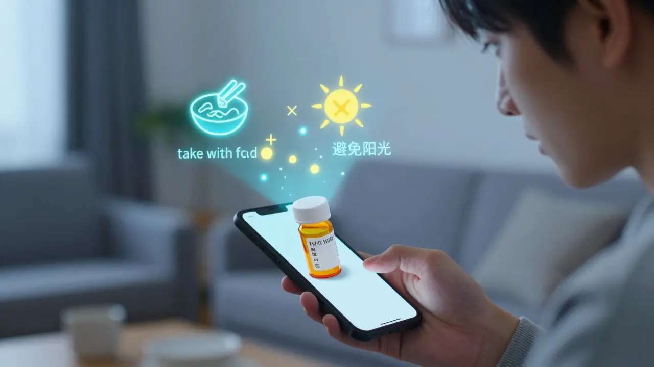 Smartphone AR scan showing medication instructions via animated visuals