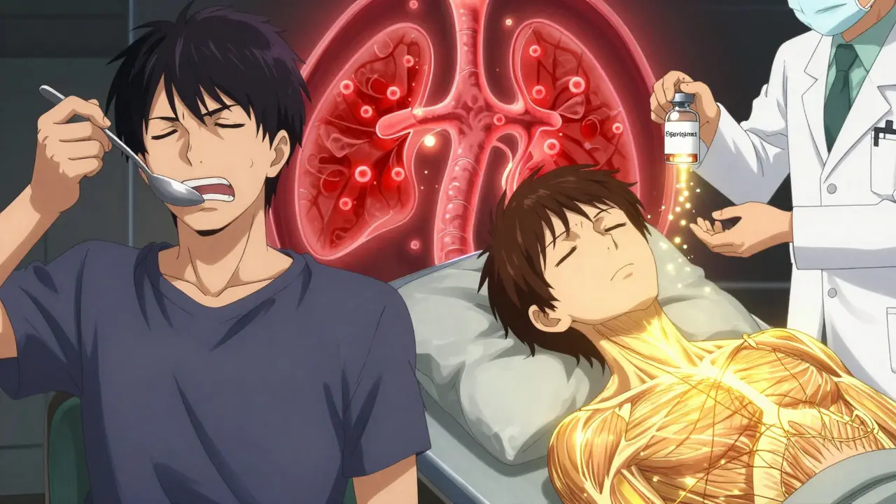 Split scene: a person struggling to eat versus resting, with glowing muscle restoration and thymus imagery.