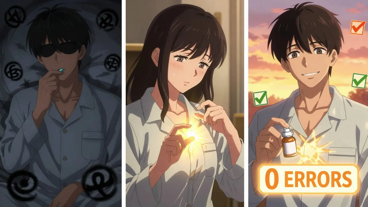 Three-panel scene showing transformation from dangerous mistake to confident medication check with glowing safety symbols.