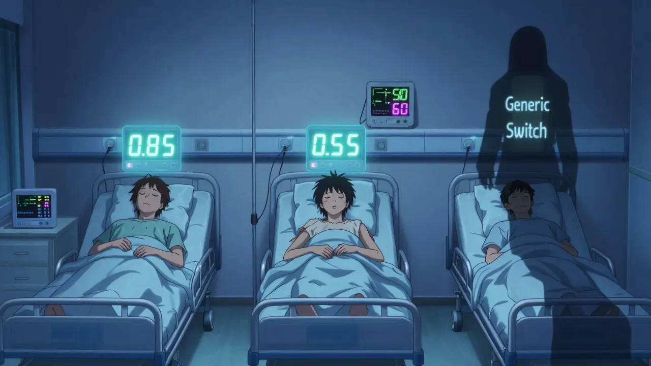 Three patients in a hospital ward with floating lithium level readouts, one in manic episode, under cold clinical lighting.