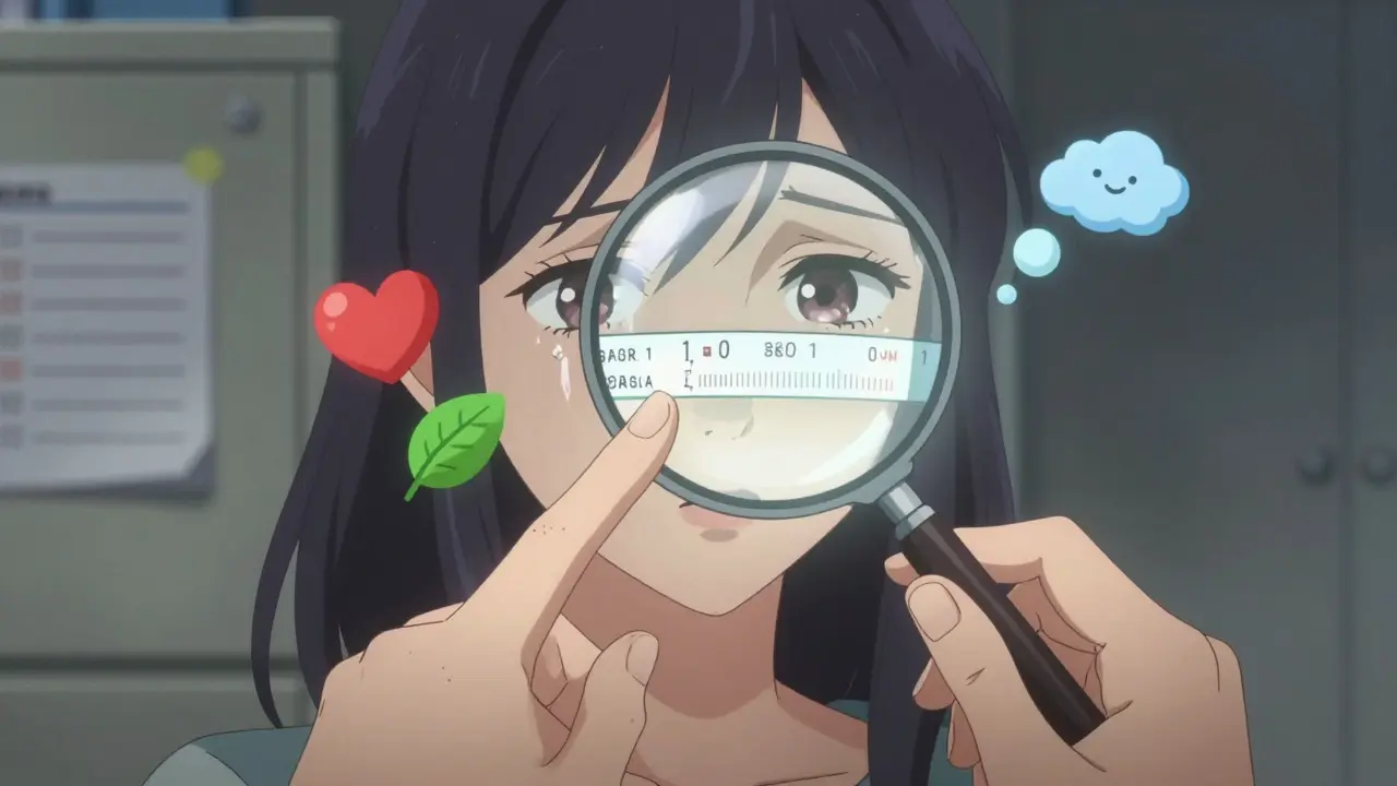 Woman using magnifying glass and phone flashlight to read small prescription label with color-coded icons floating nearby.