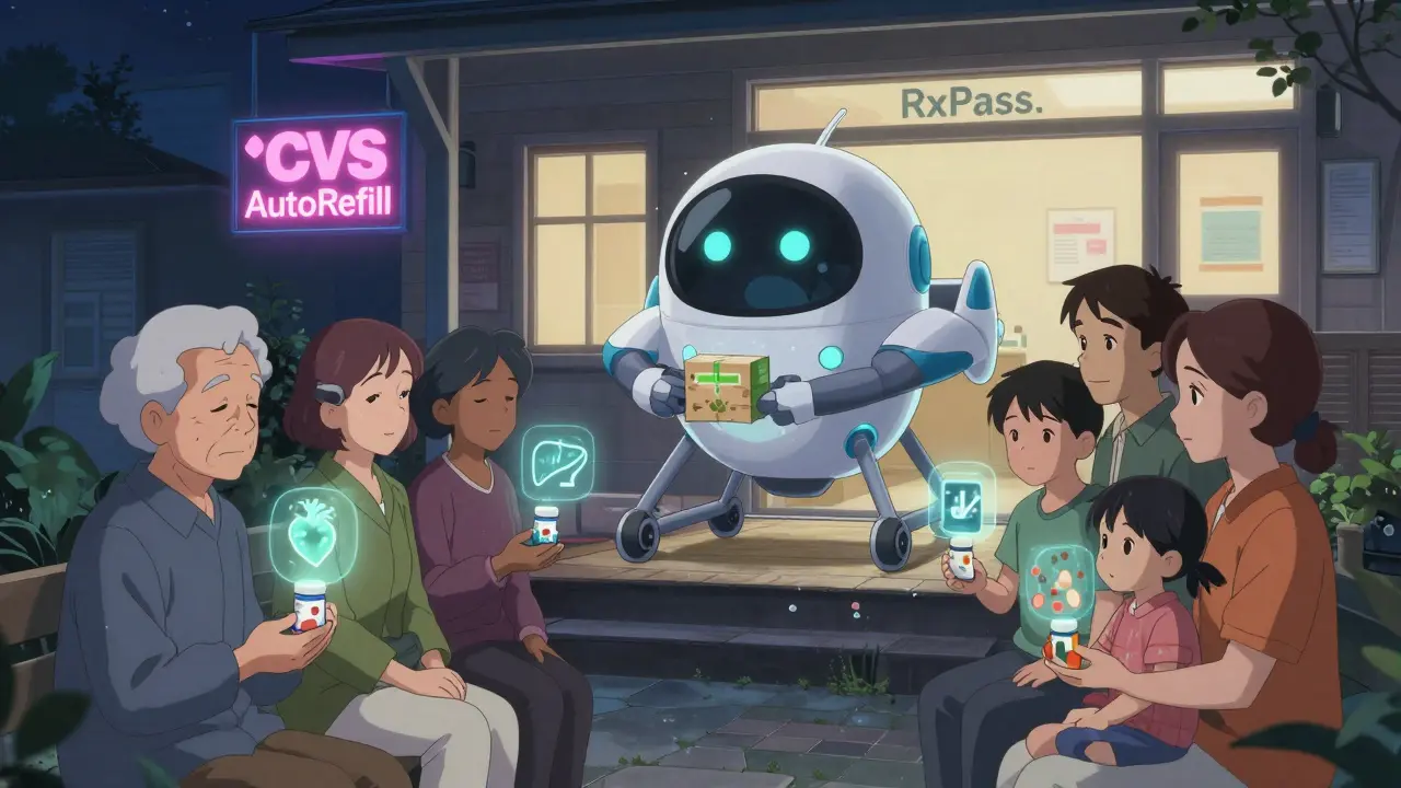 A drone delivers medication to a porch at night, with patients holding pills and health icons floating around them.