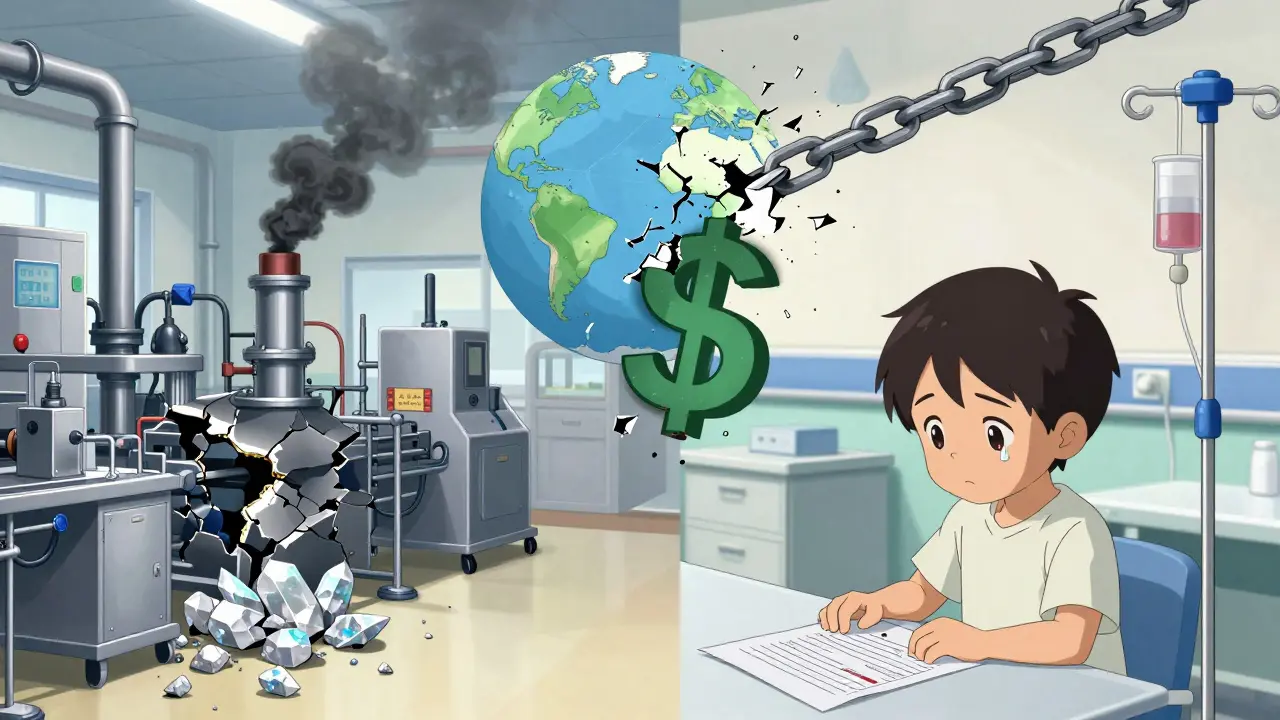 A factory in China with broken production lines contrasted with an empty IV line in a pediatric ward.