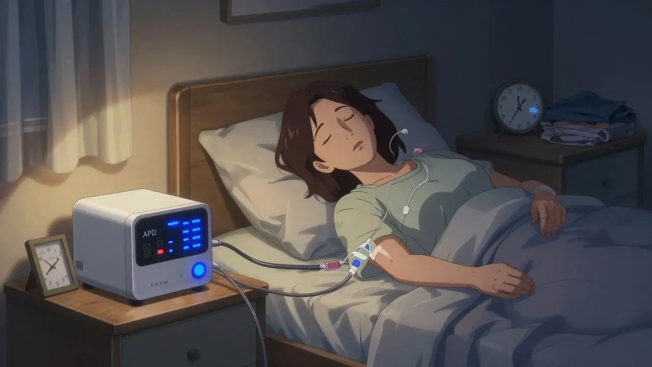 A woman sleeping peacefully while an APD machine operates quietly beside her bed at night.