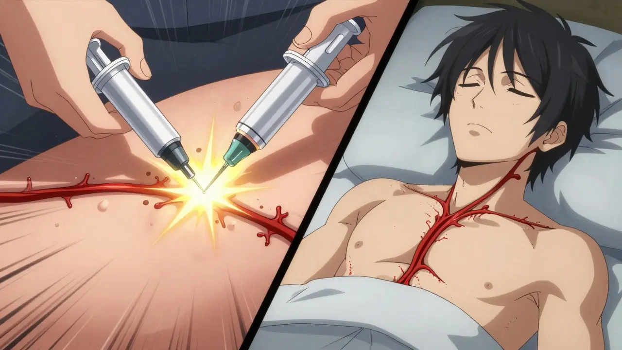 An auto-injector delivering medicine into the bloodstream with contrasting images of injection site reactions and relief.