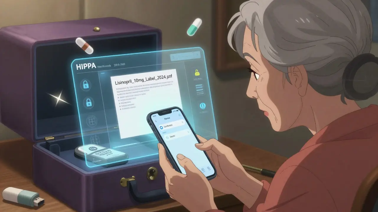 An elderly woman scanning a prescription label with her phone, digital records glowing beside her.