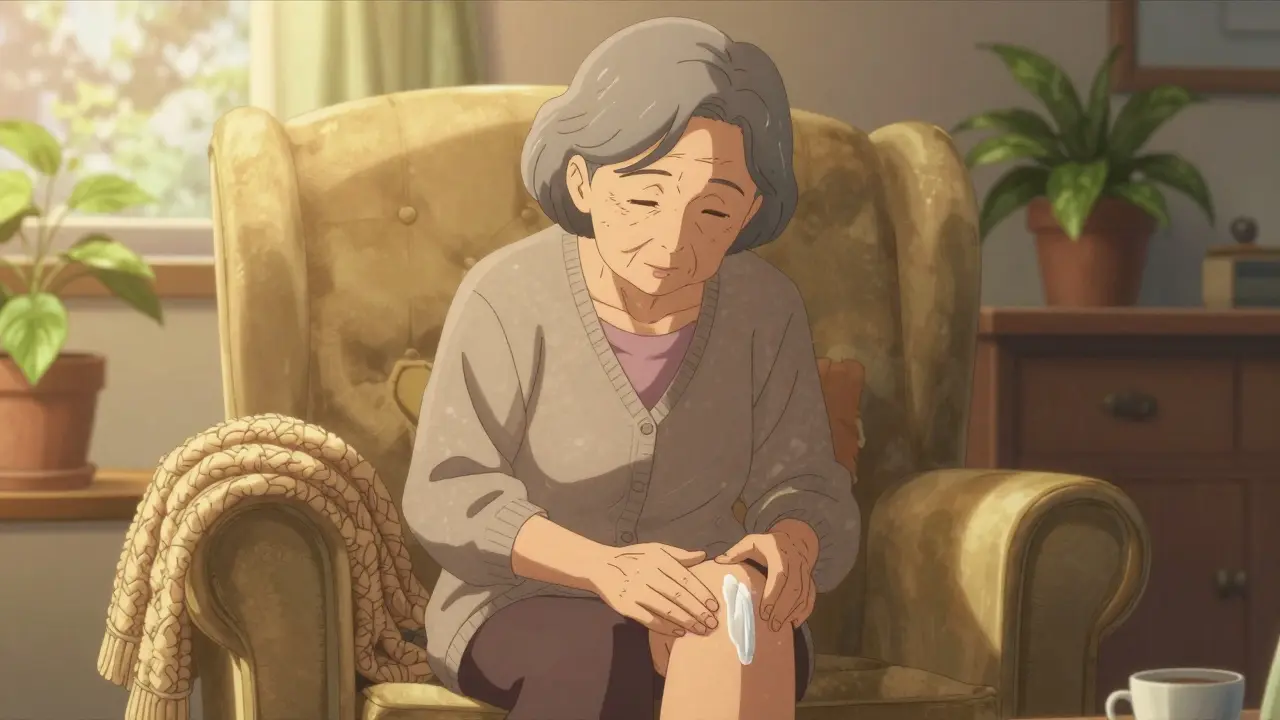 Elderly woman applying cream to knee at home