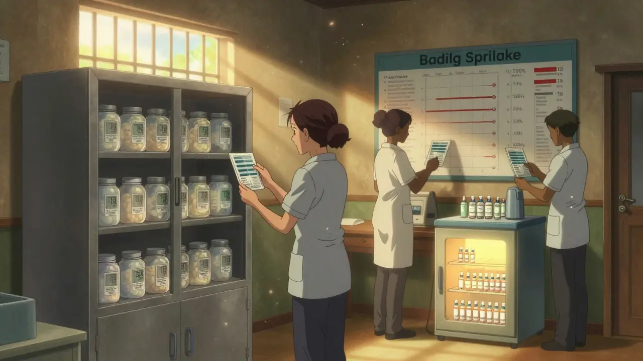 Health workers in Uganda monitor desiccant cabinets to prevent medicine spoilage in humid conditions.