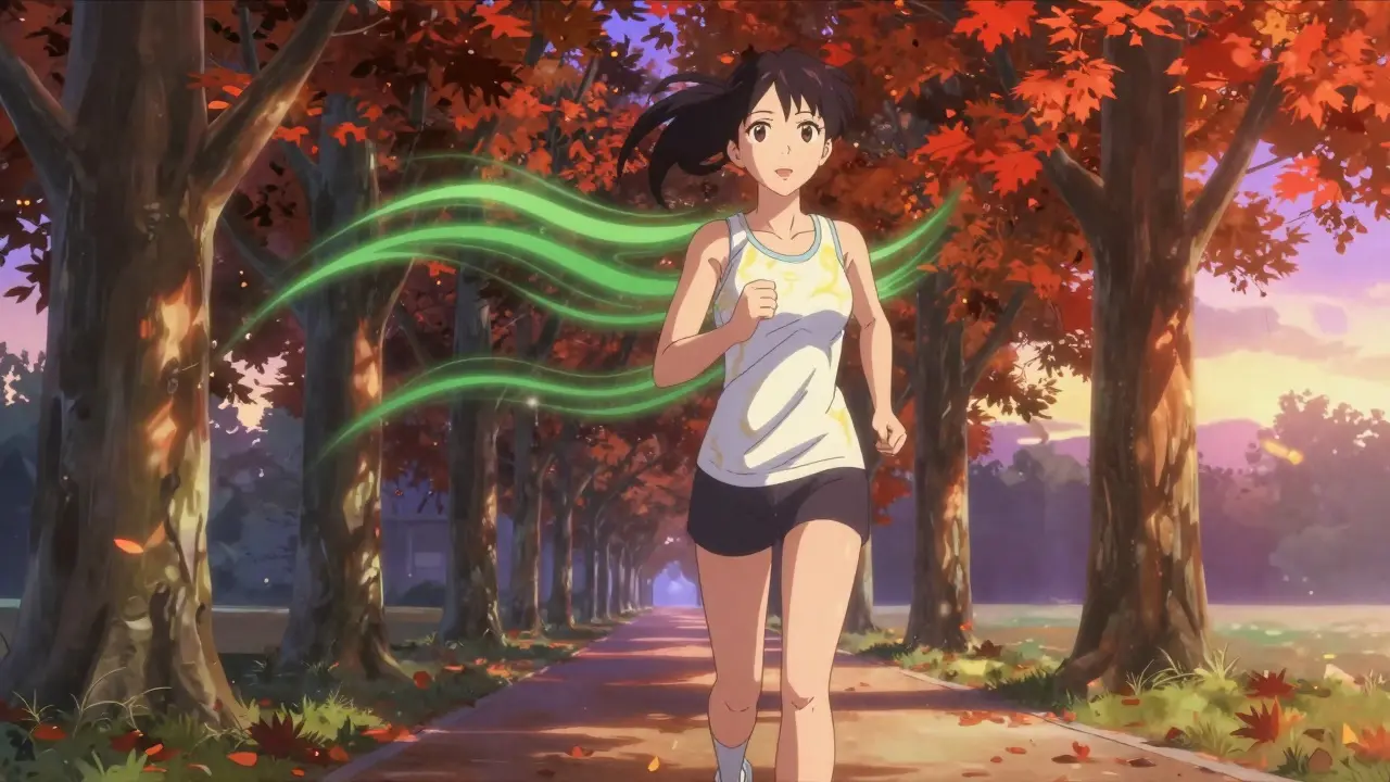 Healthy woman jogging in park at sunrise surrounded by autumn leaves.