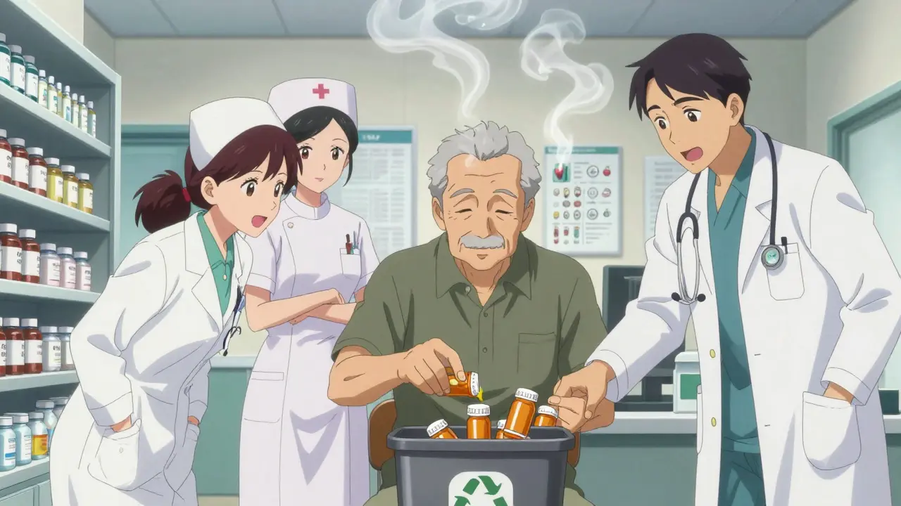 Medical team helping an older man discard unnecessary medications, with pill bottles fading into the background.