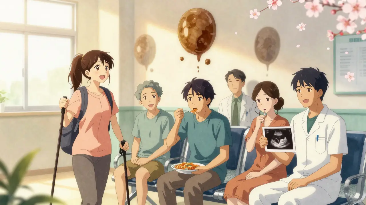 Patients recovering happily after gallbladder surgery, gallstones dissolving behind them