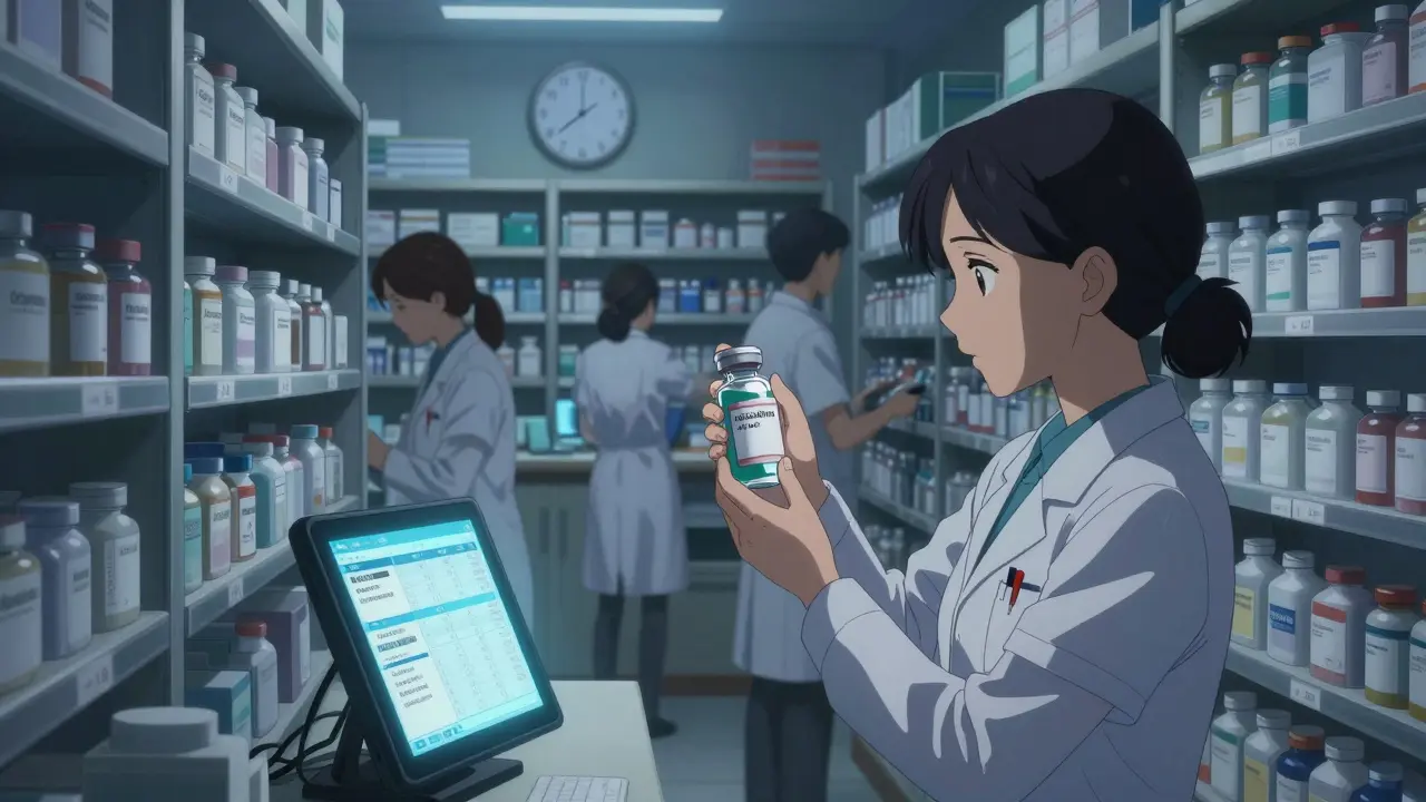 Pharmacists in a dim pharmacy surrounded by empty drug bins, checking inventory screens at 3 a.m.