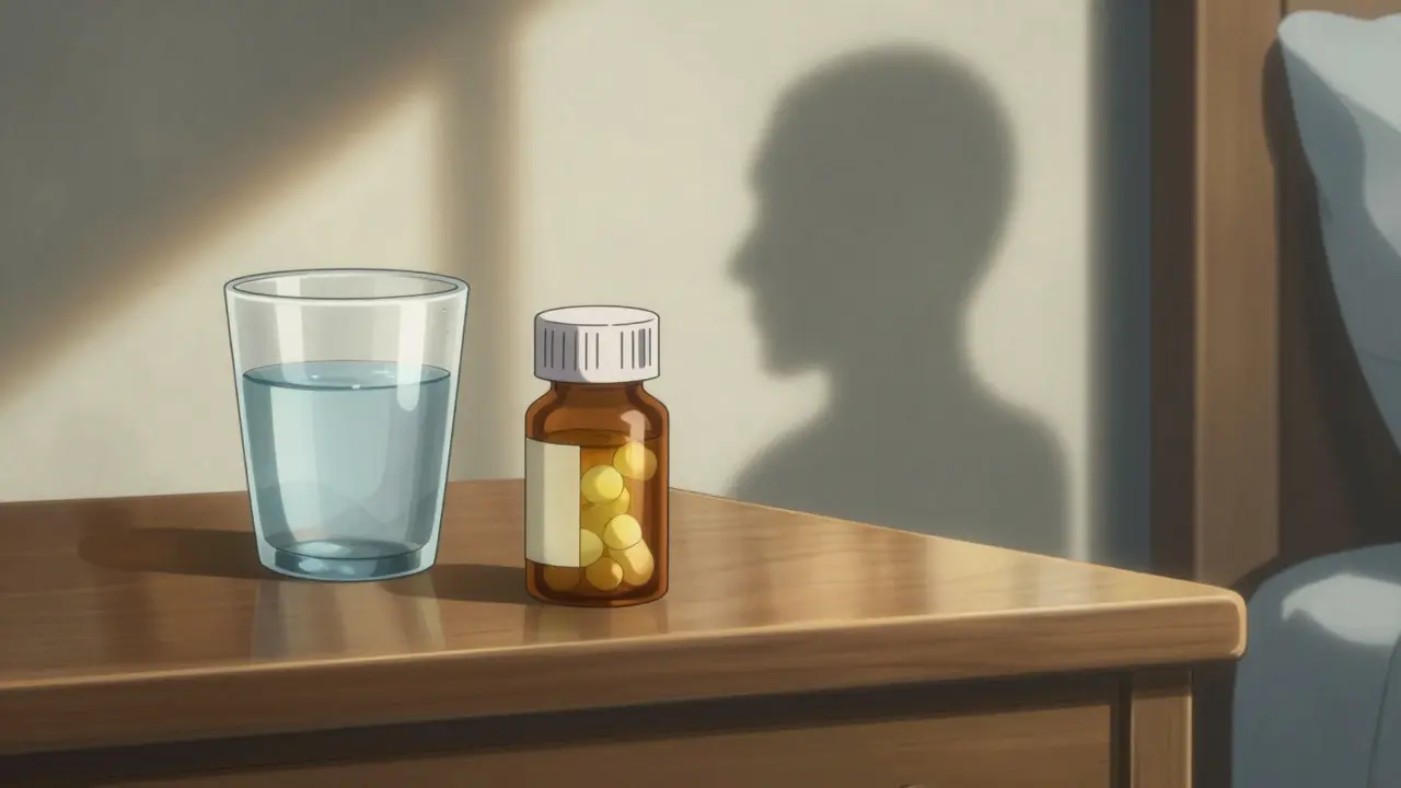 Pill bottles on bedside table with shadow reflection suggesting medical side effects.