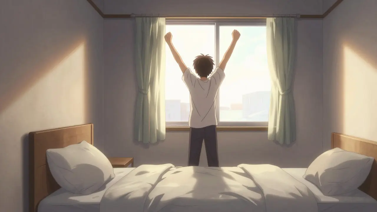 Refreshed person stretching in sunlit tidy bedroom morning.