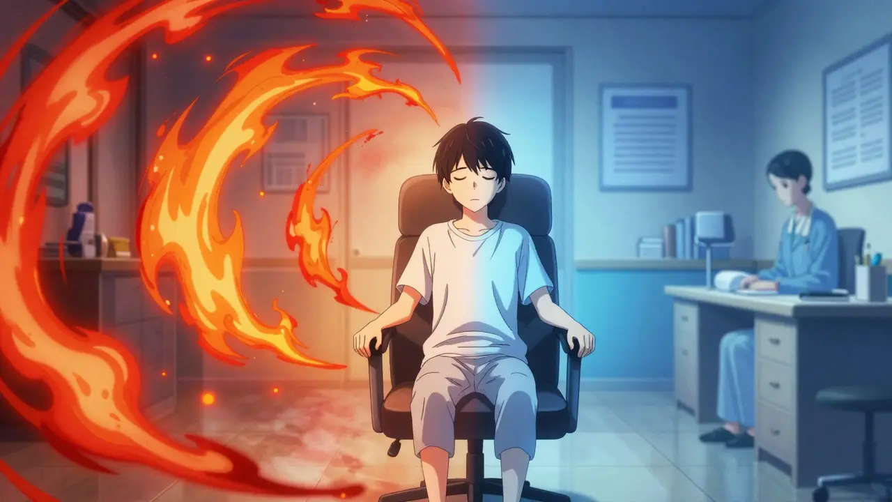 Split illustration showing transition from stress to calm therapy.