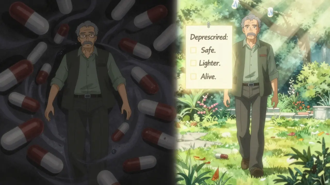 Split scene: one side shows an elderly man overwhelmed by pills, the other shows him free and walking happily in sunlight.
