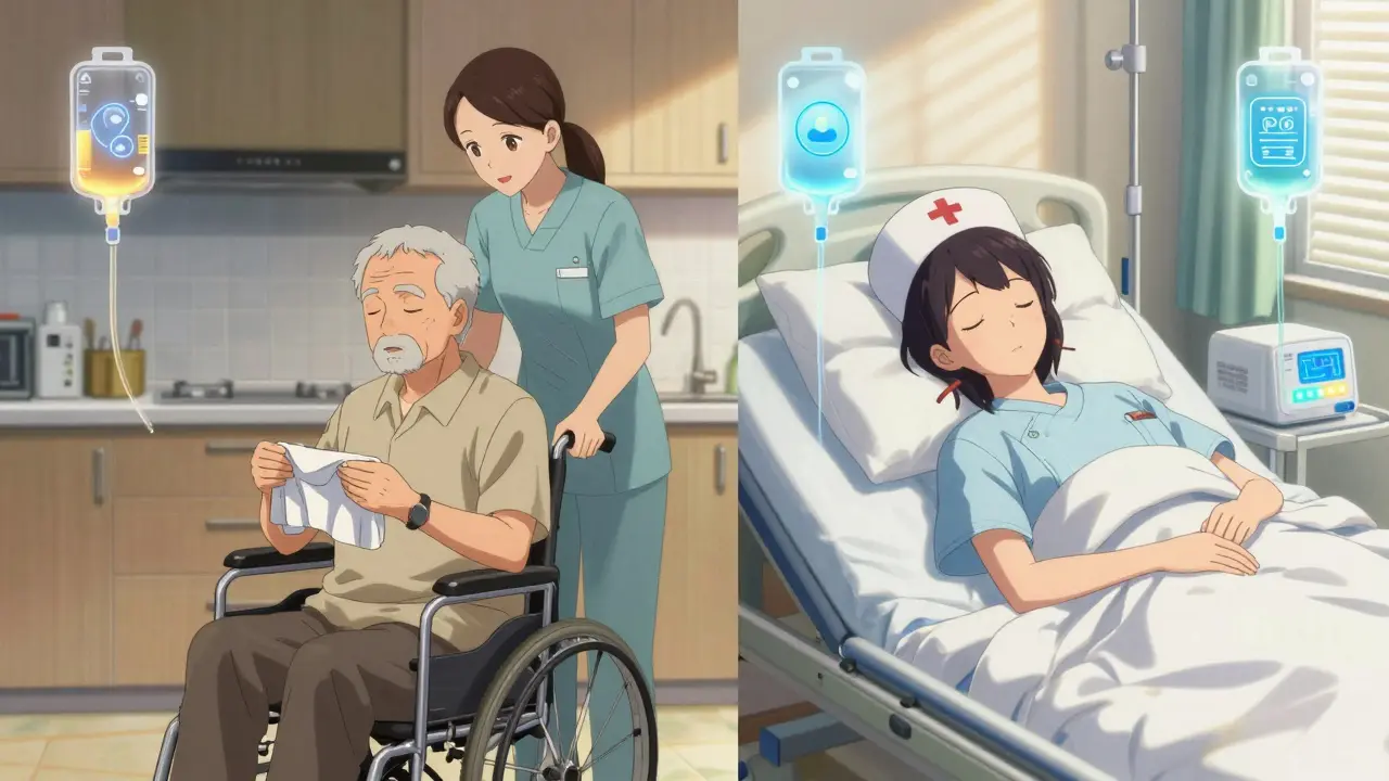 Split scene showing an elderly person receiving CAPD help and a young adult using APD during sleep.