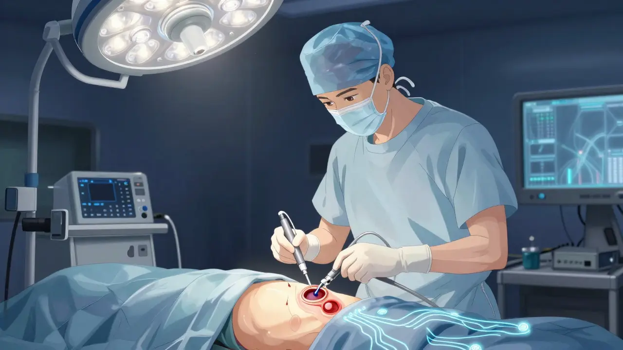 Surgeon performing laparoscopic gallbladder removal with glowing surgical tools