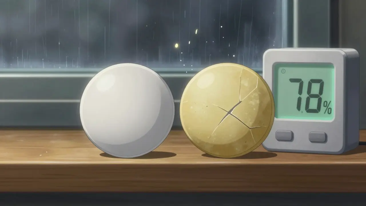 Two pills side by side—one intact, one degraded—next to a high humidity sensor in a tropical room.