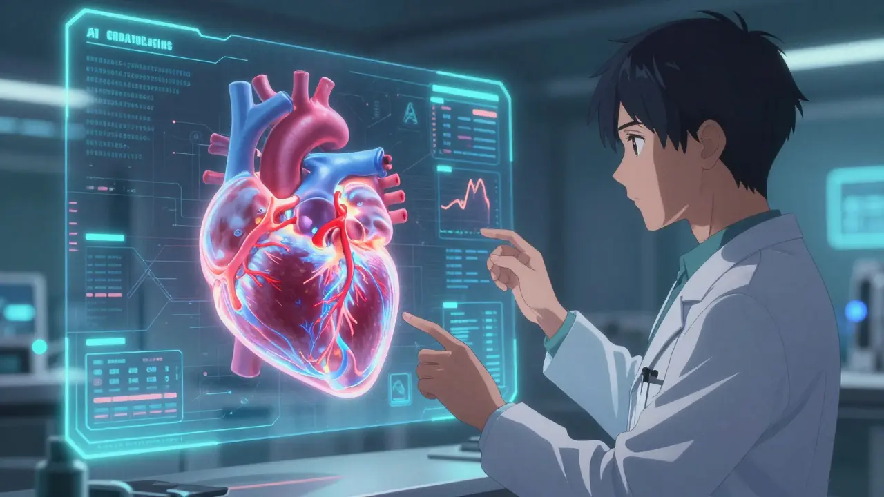 A doctor analyzing a holographic 3D heart model with AI diagnostic data
