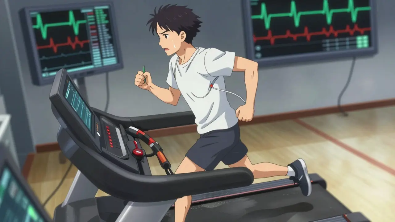 A person exercising on a treadmill while connected to a heart monitor