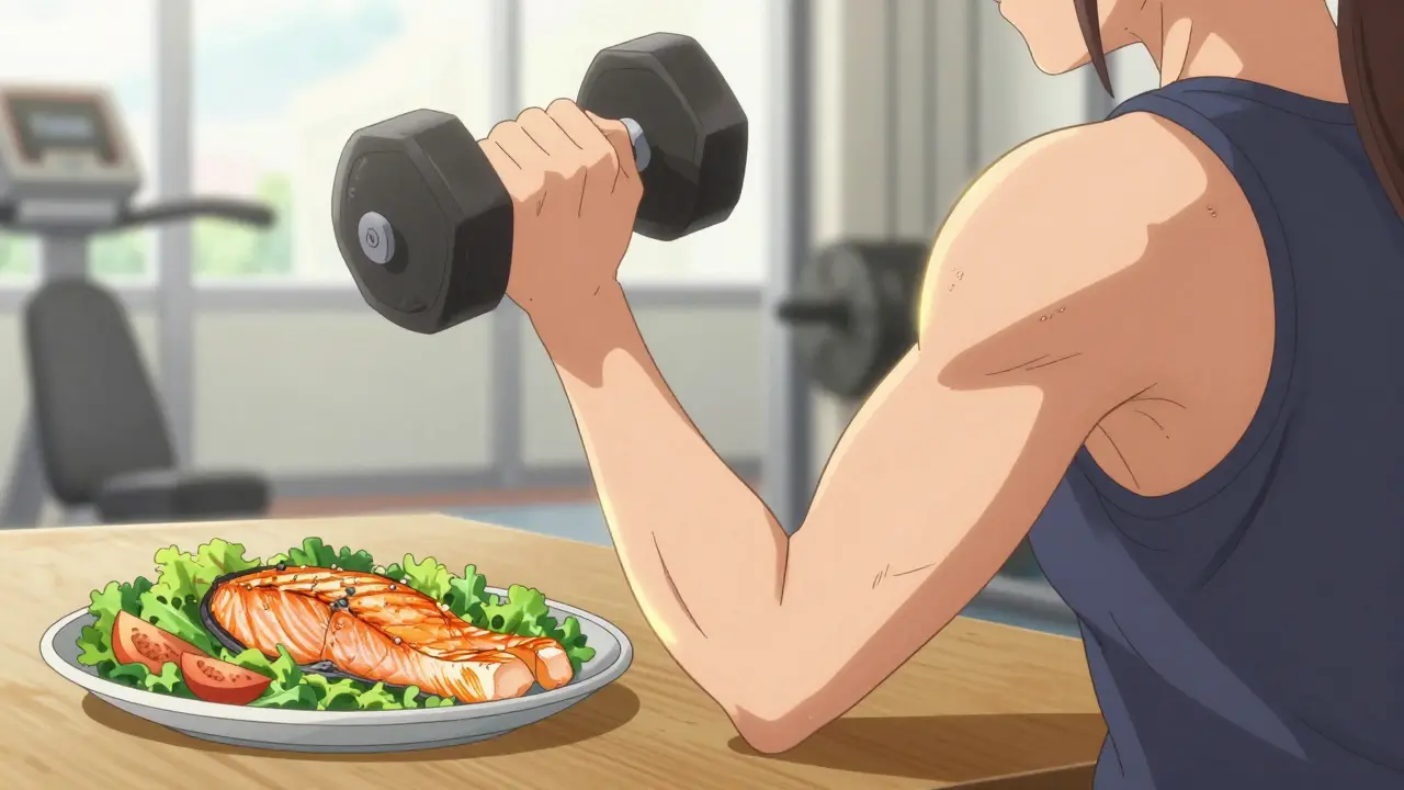 Anime character exercising and eating a high-protein meal for healthy weight loss